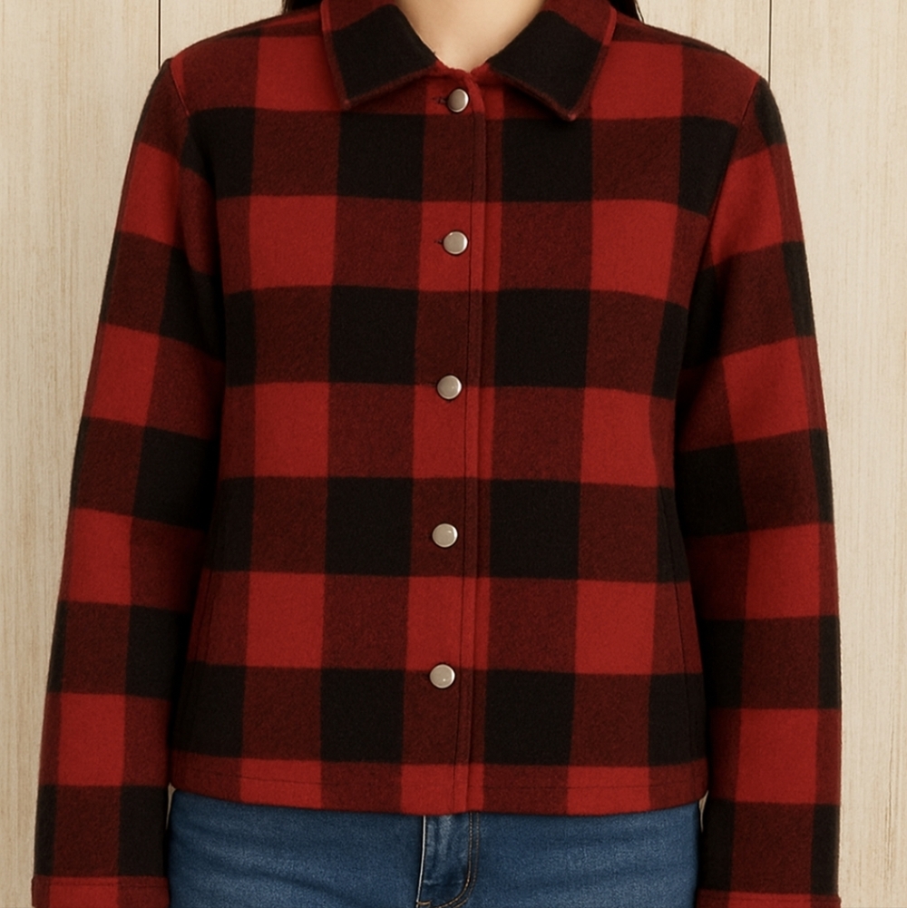 Vintage Women’s Red Black Buffalo Plaid Wool Blend Snap Shacket Size 8